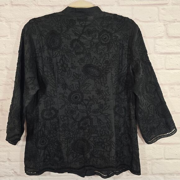 W Bogner Black Floral Embroidered Linen Button Down Top Women's Size 10 Artsy - Picture 6 of 10